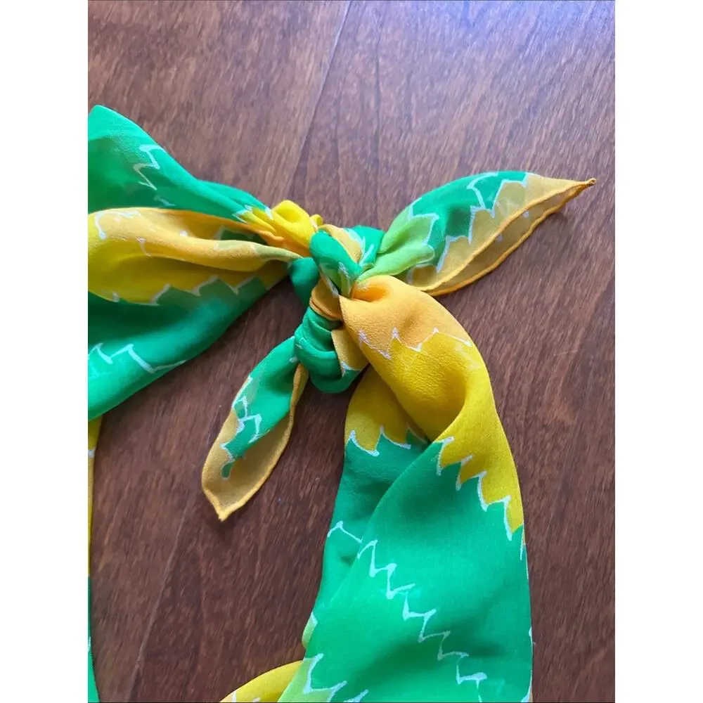 Vintage Silky Lightweight Green and Yellow Geometric Scarf